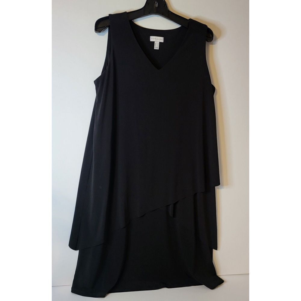 Susan Graver Black Sleeveless Layered Dress Asymmetric‎ Hem V-Neck Midi Medium